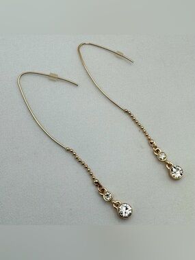 Gold Tone Crystal Threader Drop Earrings Dainty Linear Dangle